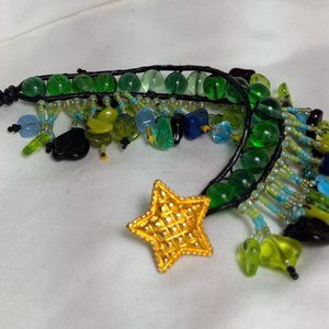 Woven Bracelet w/ Green Glass Beads, Teal, Chartreuse and Blue Fringe w/Star
